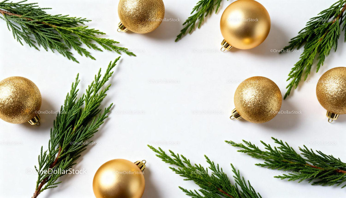 Golden Christmas Ornaments with Fresh Greenery on White