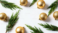 Golden Christmas Ornaments with Fresh Greenery on White