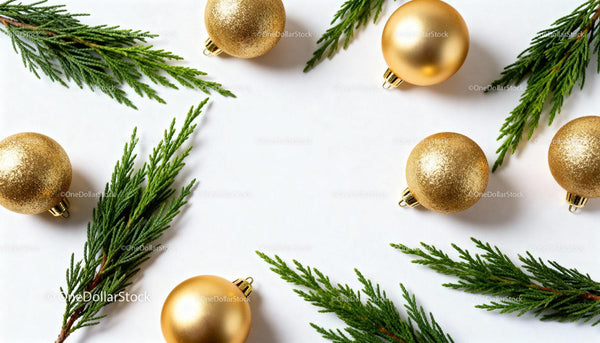 Golden Christmas Ornaments with Fresh Greenery on White