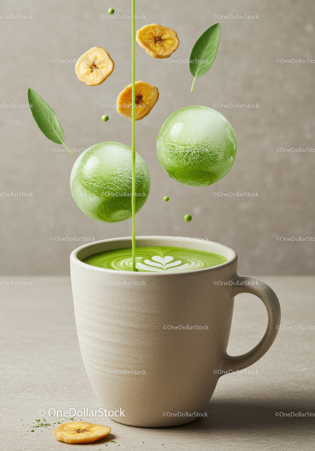 Fresh matcha latte with banana chips and sage leaves