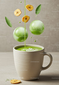Fresh matcha latte with banana chips and sage leaves