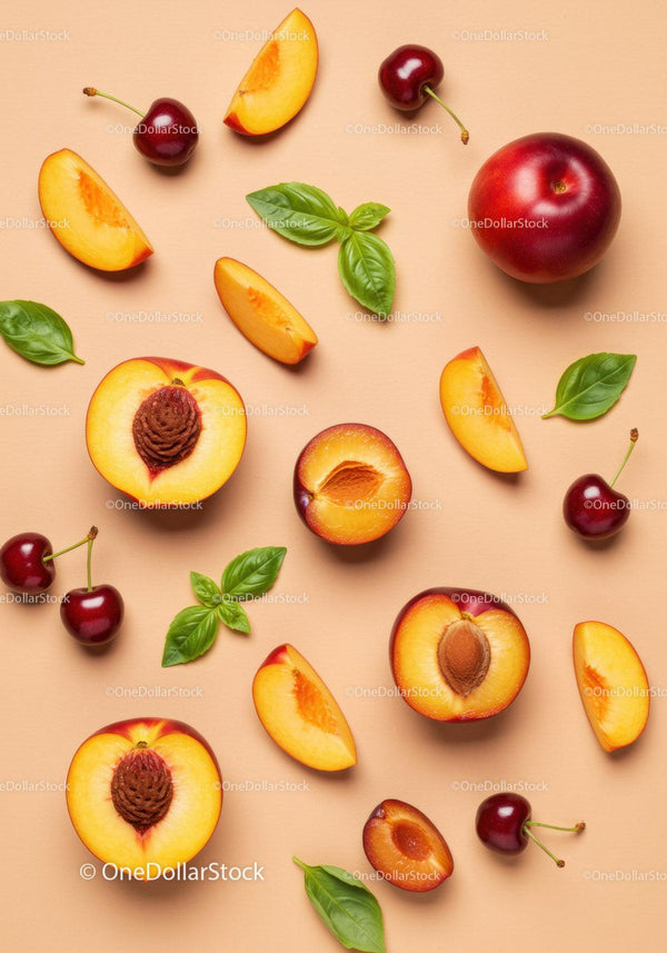 Fresh sliced peaches and cherries with basil leaves