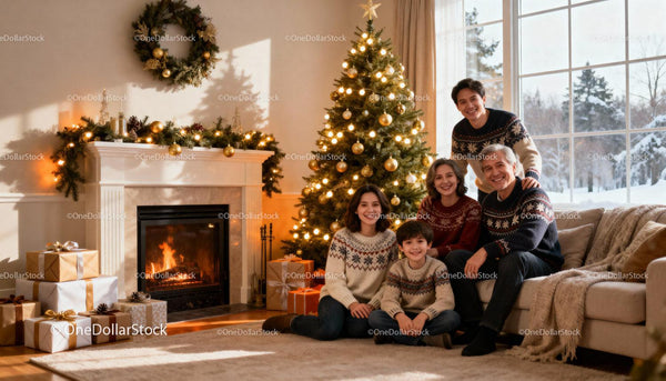 Cozy Family Gathering by Festive Christmas Tree and Fireplace