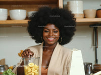 Happy Woman Enjoying Bananas in Cozy Kitchen