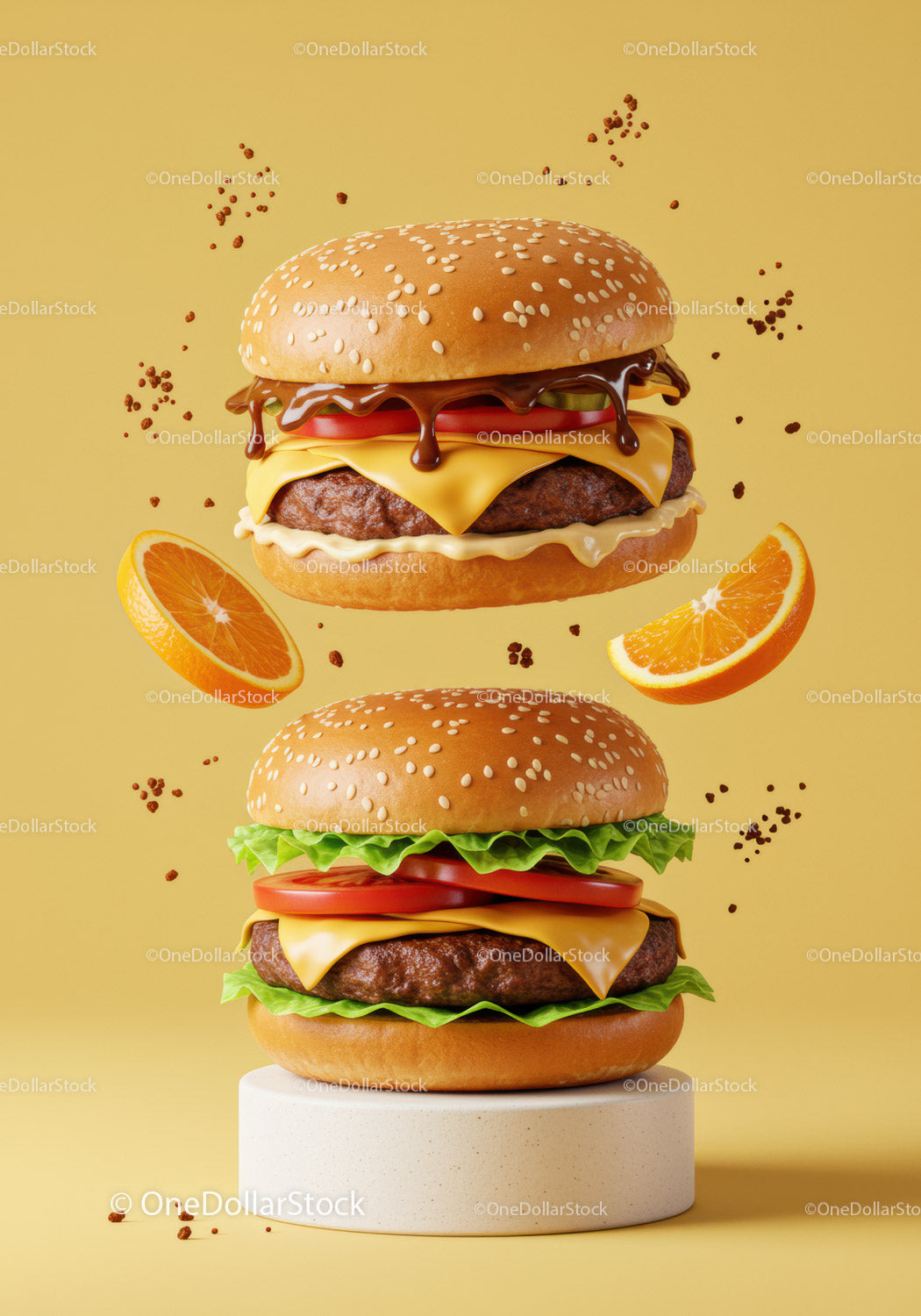 Two Classic Cheeseburgers with Fresh Ingredients and Orange Slices