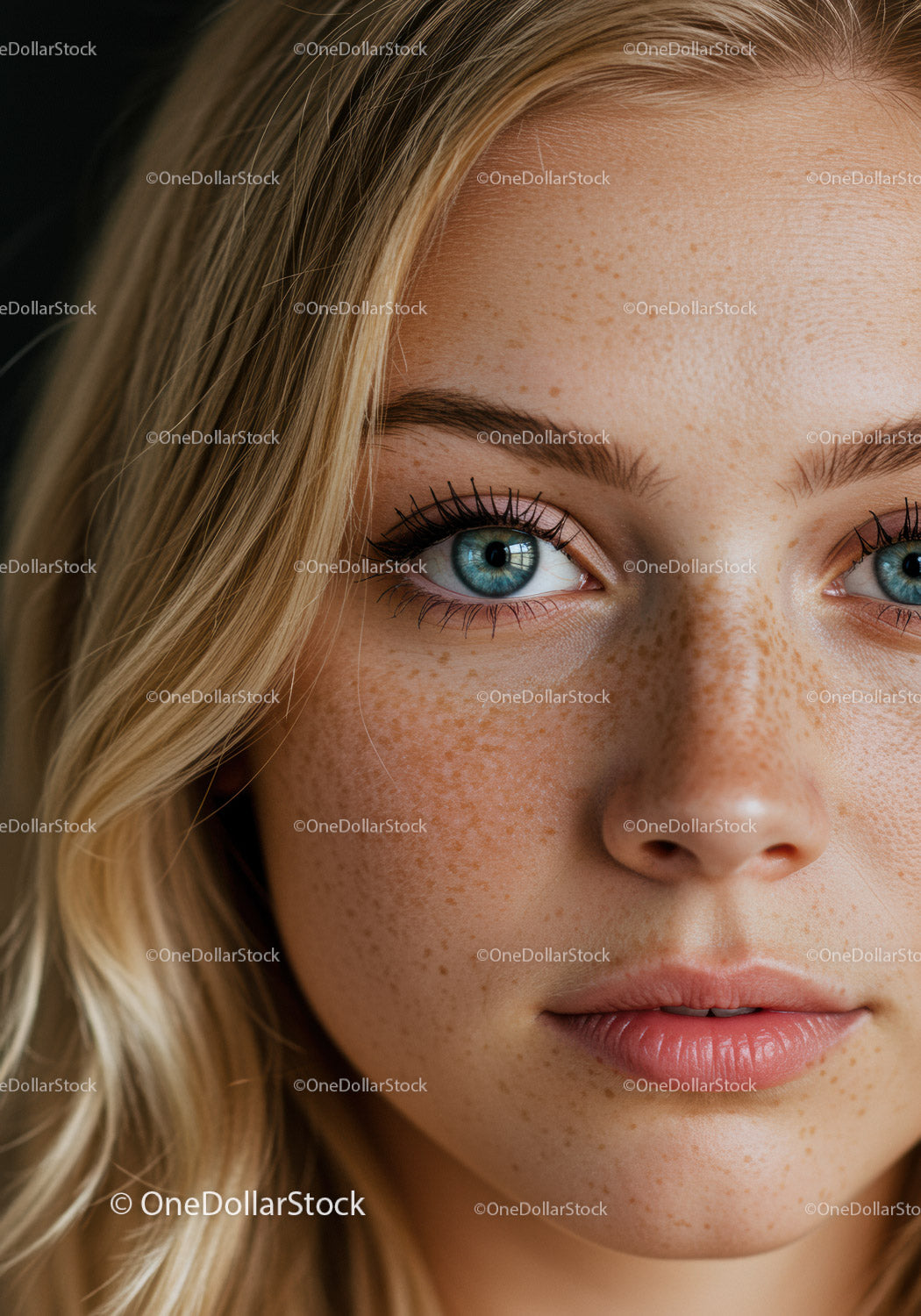 Close up portrait of young woman with blue eyes and freckles