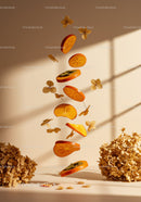 Floating persimmon slices surrounded by dried flowers