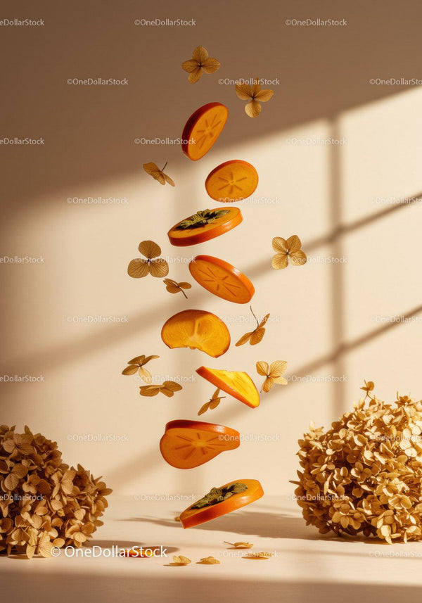 Floating persimmon slices surrounded by dried flowers