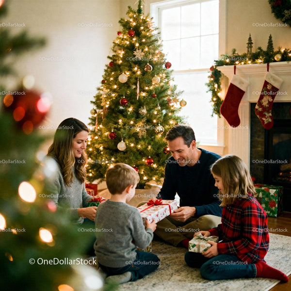 Family exchanging Christmas gifts by decorated tree