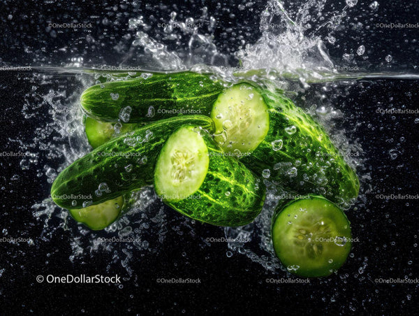 Fresh Sliced Cucumbers Under Water Splash in Vibrant Green Scene