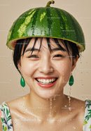 Cheerful young woman wearing watermelon helmet with water drops