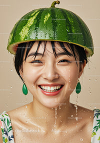 Cheerful young woman wearing watermelon helmet with water drops