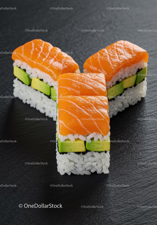 Fresh salmon avocado sushi rolls on black slate