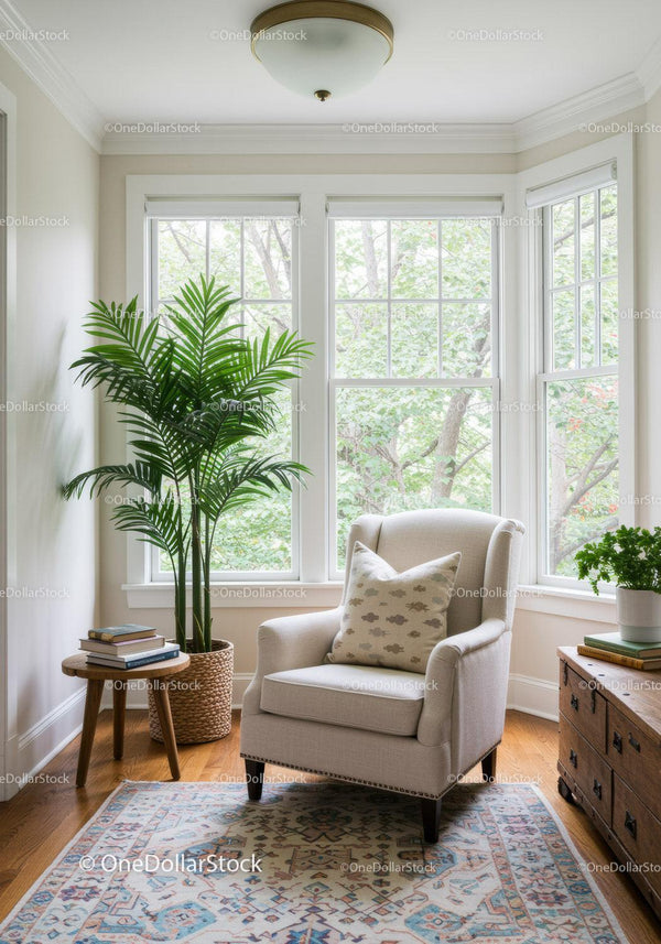 Bright Cozy Reading Corner with Large Bay Windows and Houseplant