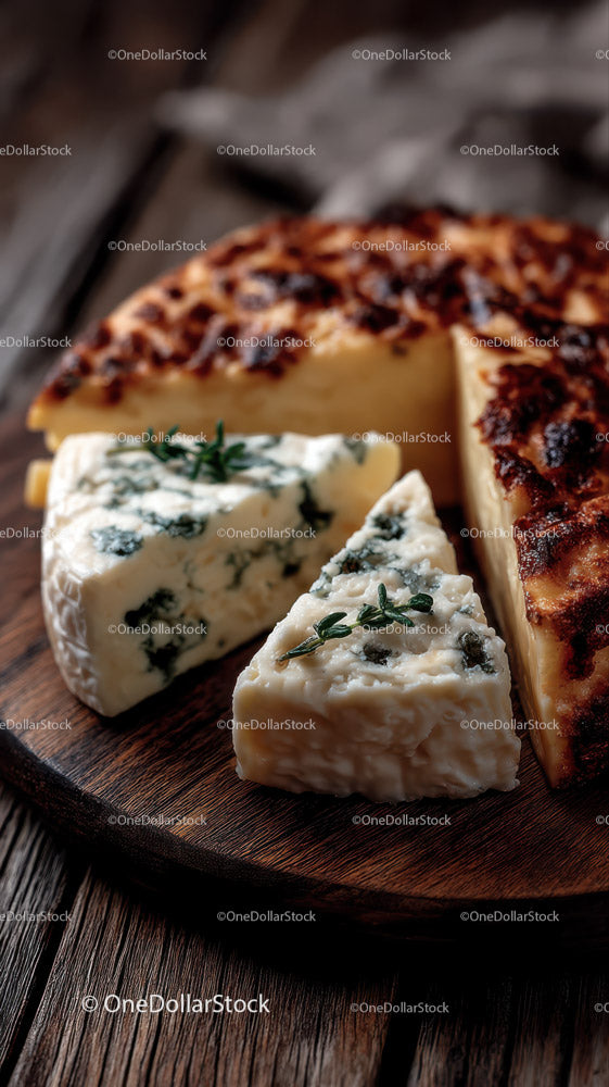 Gourmet Blue Cheese Wedges on Wooden Platter with Fresh Herbs