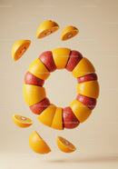 Floating orange and red fruit slices in circular pattern