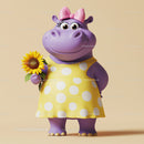 Adorable Purple Hippo in Yellow Polka Dot Dress Holding Sunflower