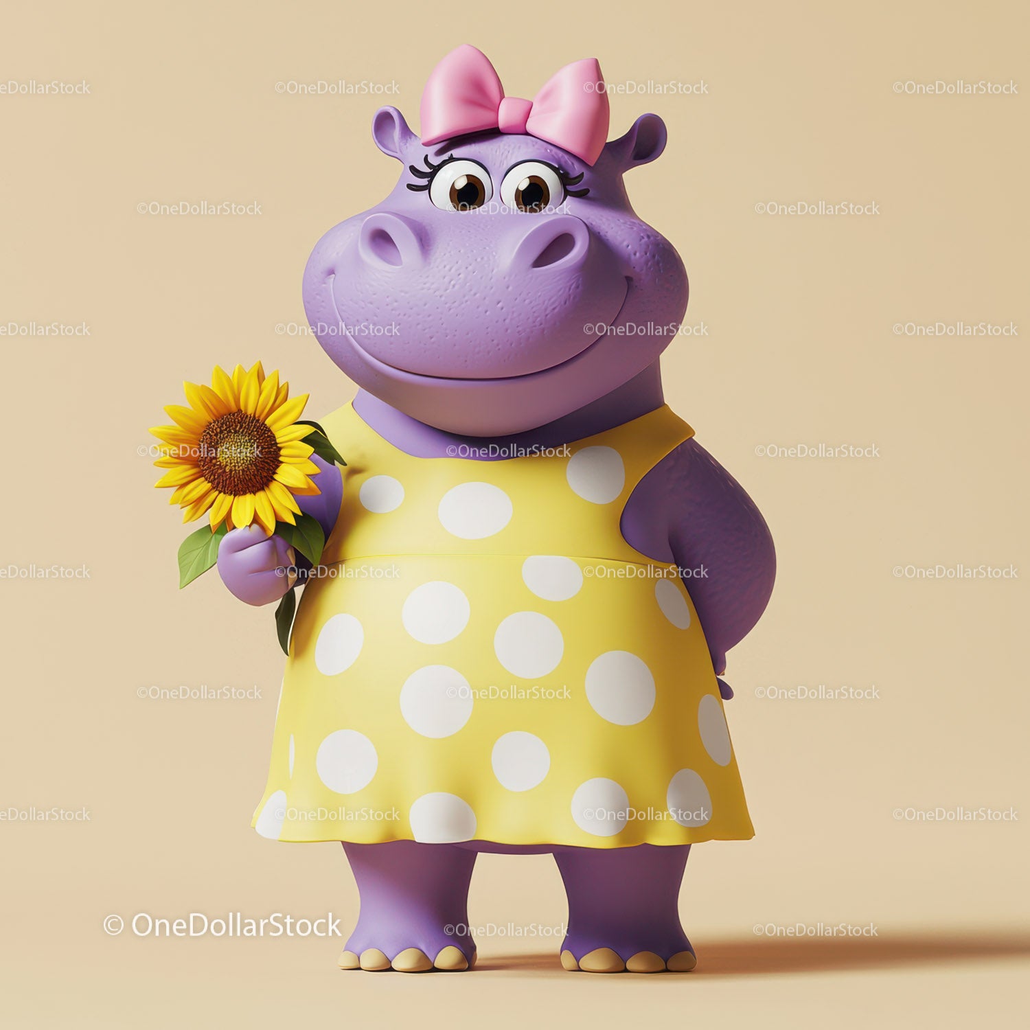 Adorable Purple Hippo in Yellow Polka Dot Dress Holding Sunflower