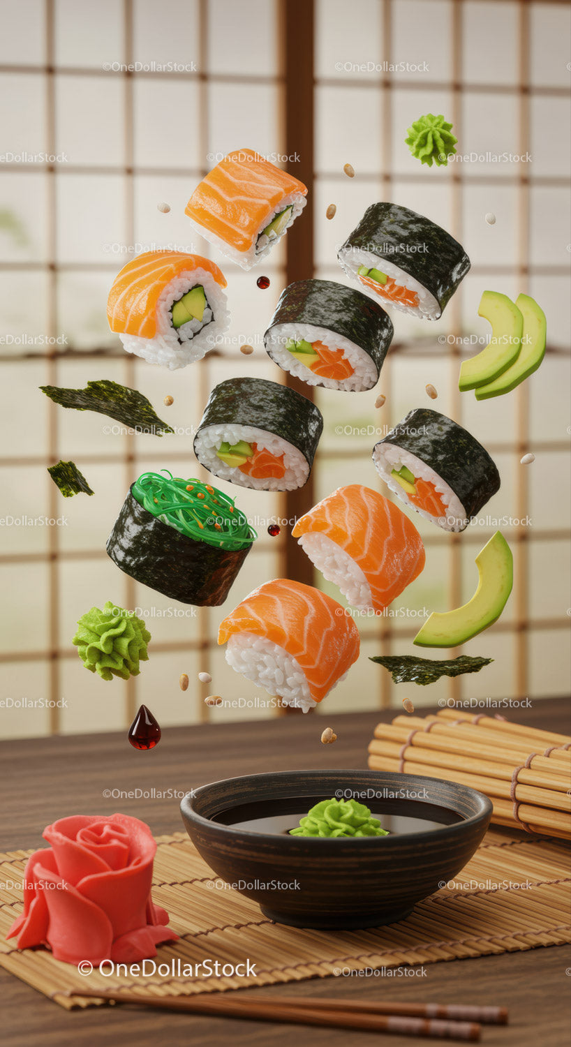 Assorted sushi rolls and ingredients floating over bowl