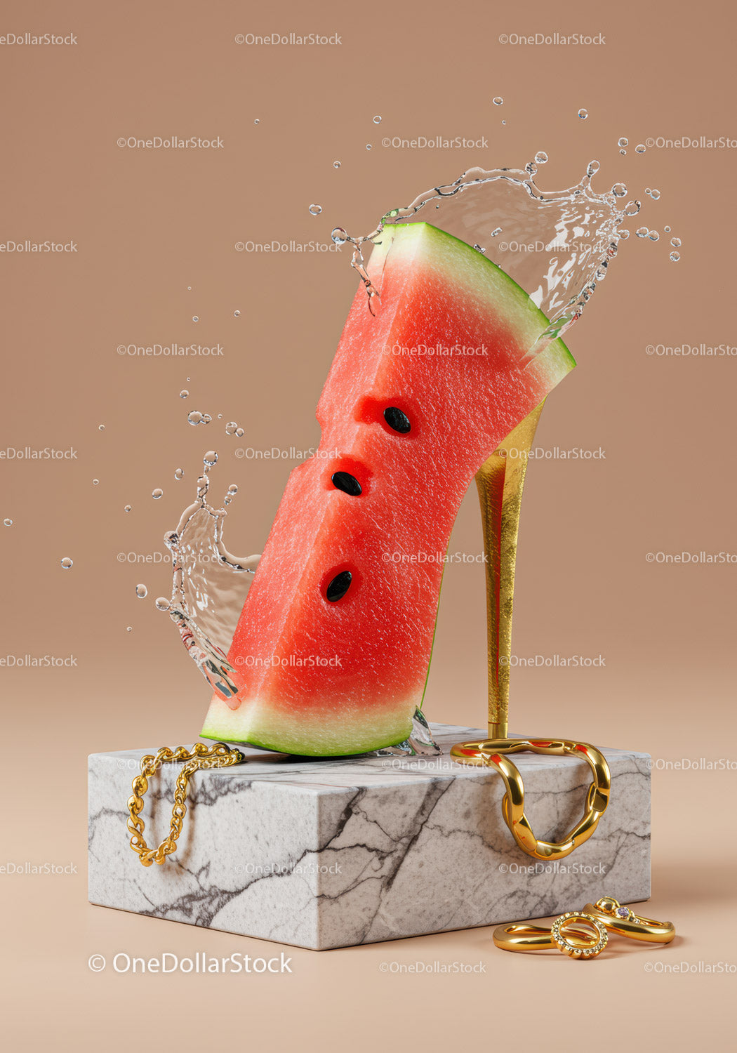 Watermelon Slice on Gold High Heel with Jewelry Splash