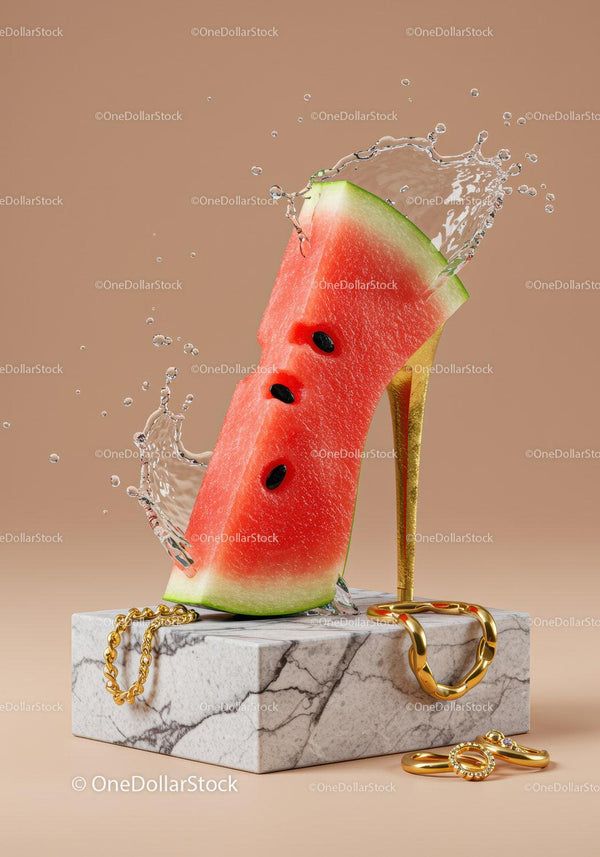 Watermelon Slice on Gold High Heel with Jewelry Splash