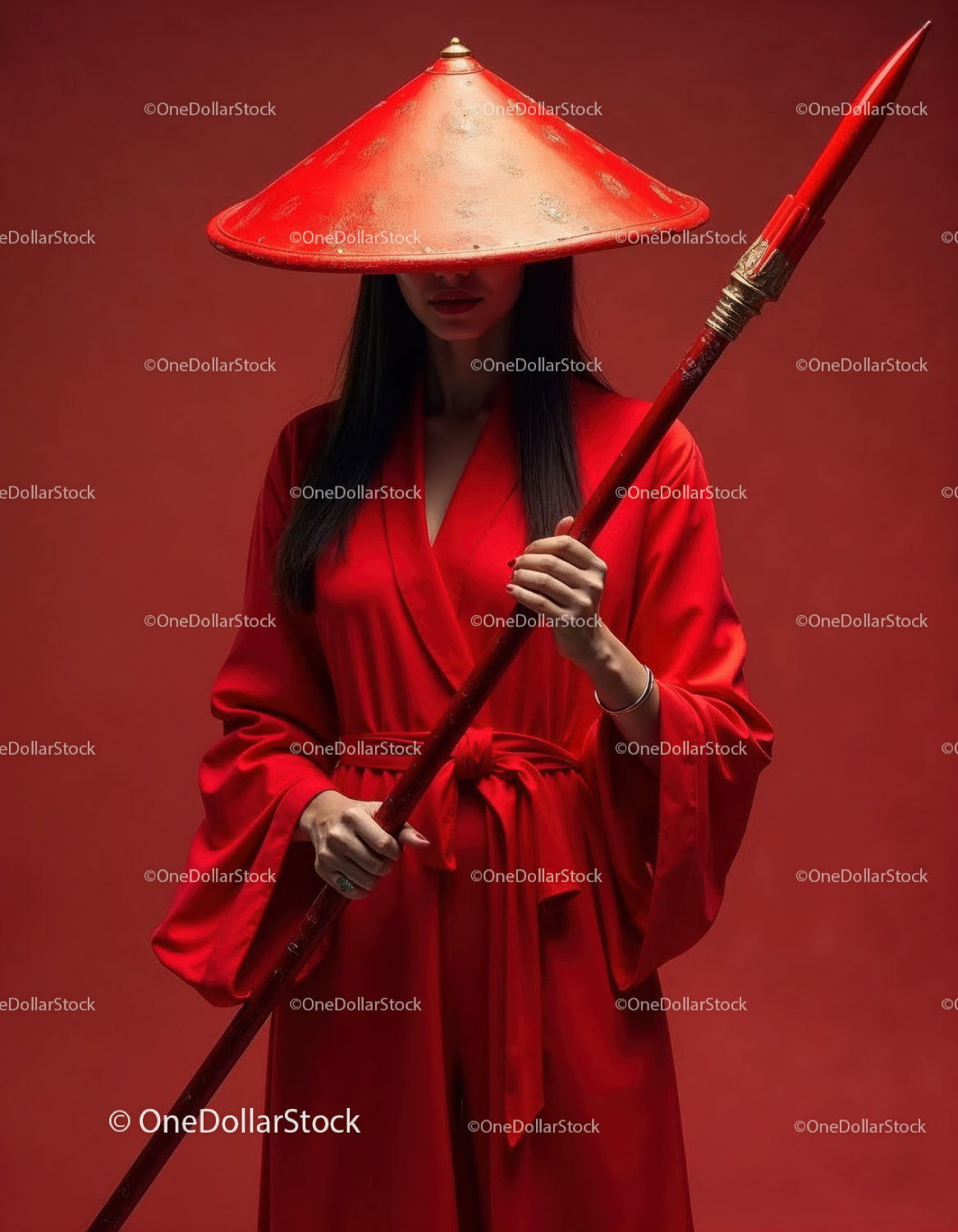 Elegant Woman in Red Dress with Accessories Against Red Background