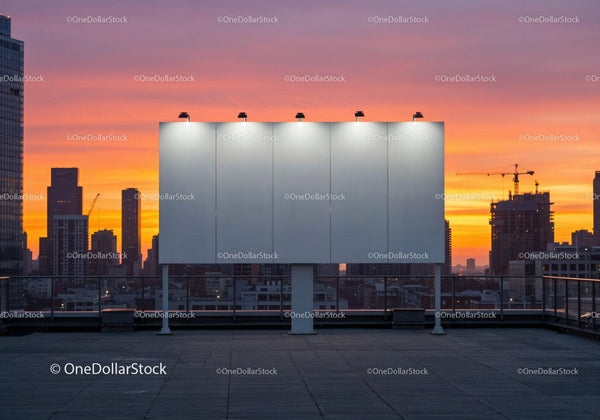 Empty City Rooftop Billboard Against Vibrant Sunset Skyline JPG Mockup Image