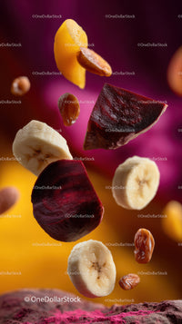 Colorful Fruit Mix with Banana Slices and Berries in Motion