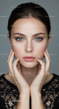 Close-up of a Beautiful Woman with Blue Eyes and Flawless Skin
