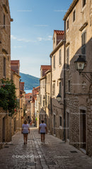 Charming European Village Alleyway with Historic Stone Buildings and Red Tiled Roofs