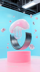 Futuristic Pink Mushroom Sculpture Floating on Metallic Curved Support