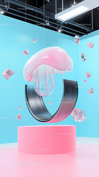 Futuristic Pink Mushroom Sculpture Floating on Metallic Curved Support