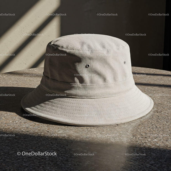 Beżowy bawełniany kapelusz typu bucket na kamiennym stole w miękkim świetle