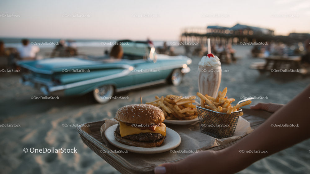 Beachside Dining Scene with Vintage Car and Classic Fast Food