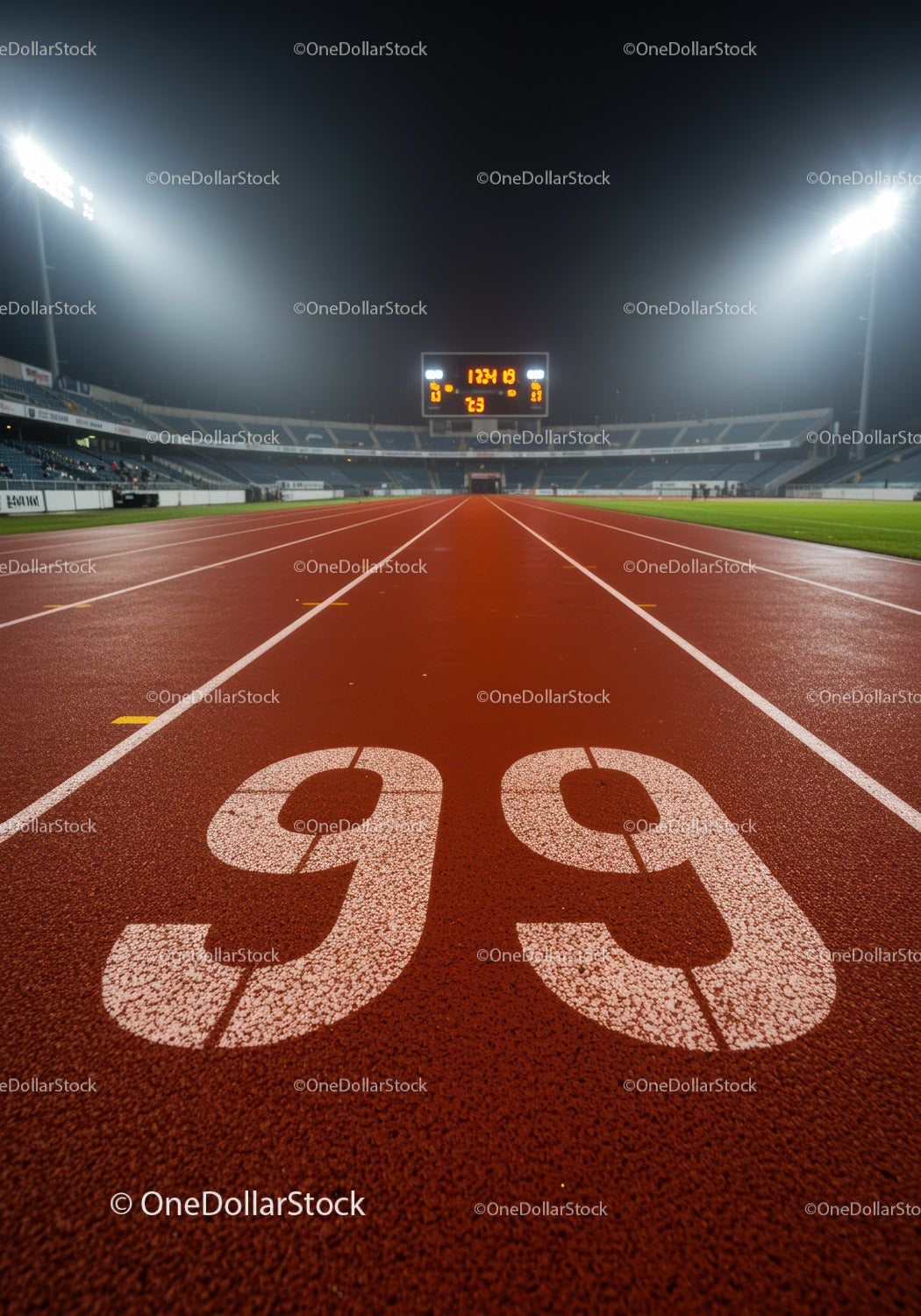 Night view down lane 9 on illuminated athletic track