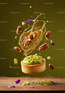 Pistachio tart with pecans and caramel decoration