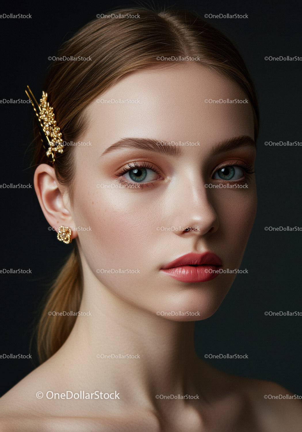Elegancka młoda kobieta z niebieskimi oczami i złotymi dodatkami Portret