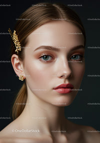 Elegant Young Woman with Blue Eyes and Gold Accessories Portrait