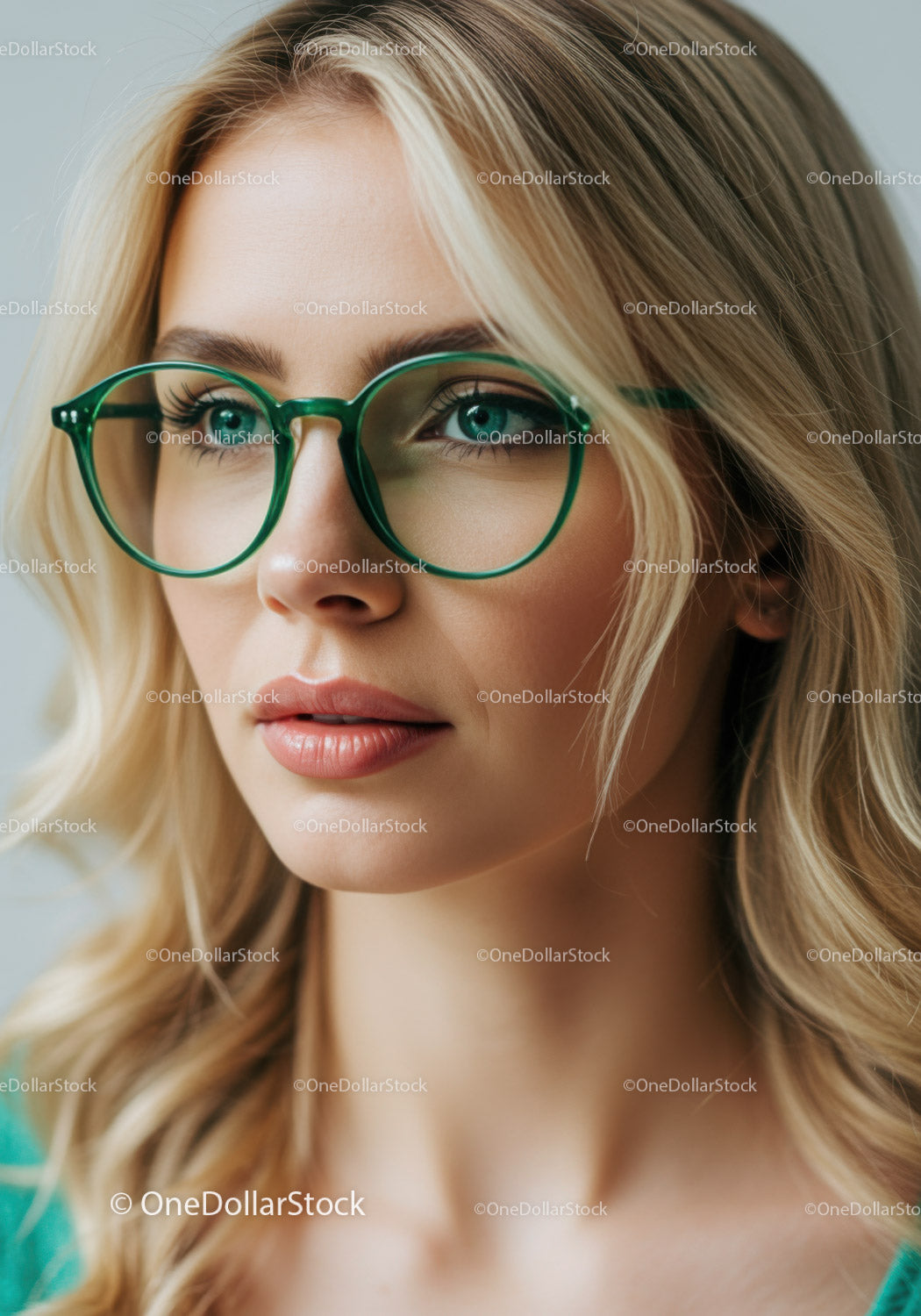 Fashionable Woman with Green Glasses and Blonde Hair