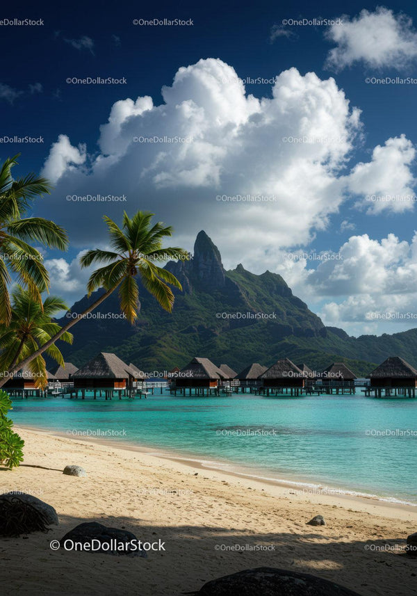 Tropical Beach Overwater Bungalows with Mountain View and Palm Trees