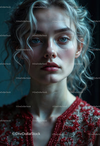Elegant Young Woman with Blue Eyes in Red Embroidered Dress
