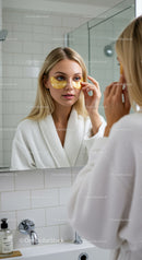 Young Woman Applying Under-Eye Patches in Modern Bathroom