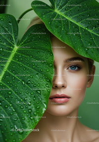 Close-up of Woman with Blue Eyes Behind Large Tropical Green Leaves with Water Droplets