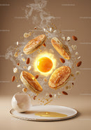 Flying Pancakes with Egg Yolk and Nuts in Warm Light