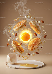 Flying Pancakes with Egg Yolk and Nuts in Warm Light