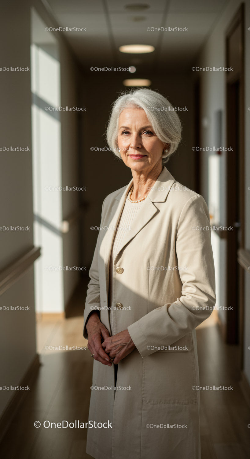Elegancka starsza kobieta w stroju biznesowym stojąca w pomieszczeniu