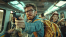 Young Man with Glasses Pointing a Gun in a Crowded Train