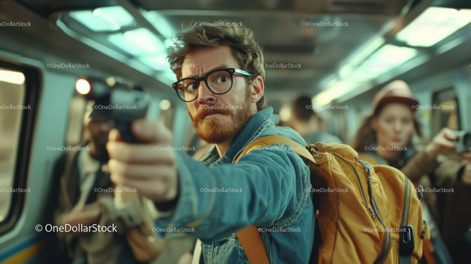 Young Man with Glasses Pointing a Gun in a Crowded Train