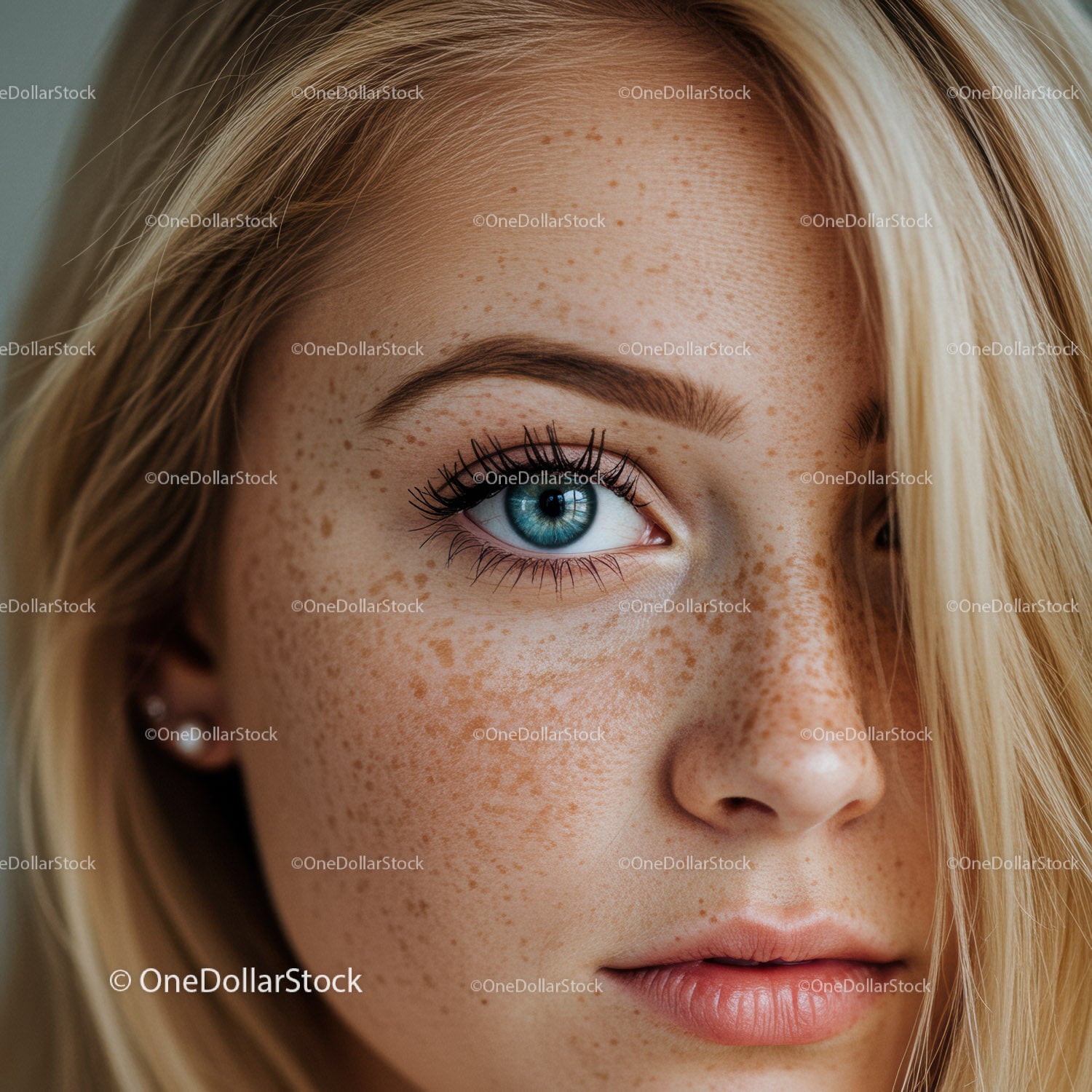 Close up of freckled blonde woman with blue eyes