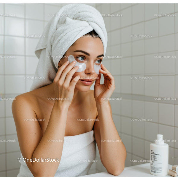 Woman Applying Eye Patches for Smooth Skin Care Routine